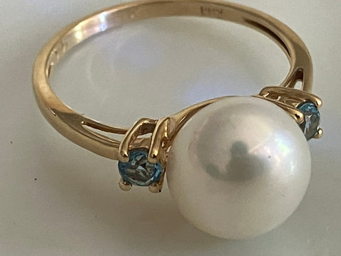 Cultured Pearl |Blue Topaz| 14K Yellow Gold | Freshwater Pearl Engagement Ring | 30th Anniversary Gift for Her | June Birthstone Rings Bourdage Pearl Jewelry    sherri bourdage