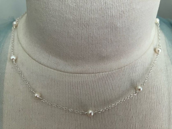 Real Pearl Station Necklace | Small Pearls on Chain | AAA 4-5 mm Genuine Cultured Pearls | Sterling Silver Chain Jewelry, Necklaces Bourdage Pearl Jewelry    sherri bourdage