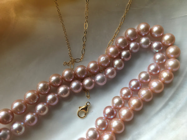 Long Station Pearl Necklace | Converts to Double strand | AAA 8mm Natural Pink Freshwater Cultured | Tin Cup Style Necklace Pearls on Chain Jewelry,Necklace,Choker Bourdage Pearl Jewelry    sherri bourdage