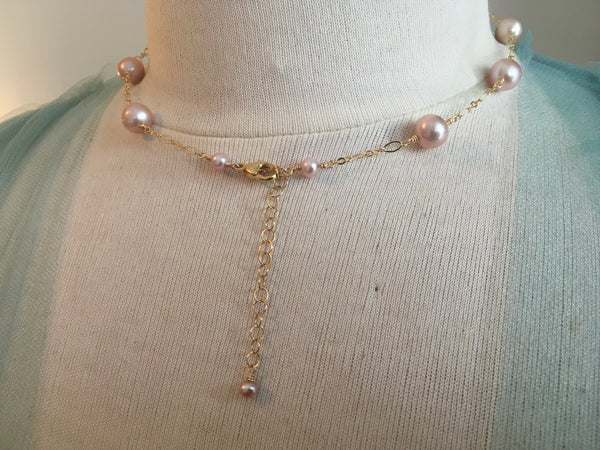 Long Station Pearl Necklace | Converts to Double strand | AAA 8mm Natural Pink Freshwater Cultured | Tin Cup Style Necklace Pearls on Chain Jewelry,Necklace,Choker Bourdage Pearl Jewelry    sherri bourdage