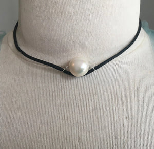 Pearl Leather Choker Necklace/Earring Set | AAA 13mm  Freshwater Cultured Jewelry,Necklace,Choker Bourdage Pearl Jewelry    sherri bourdage