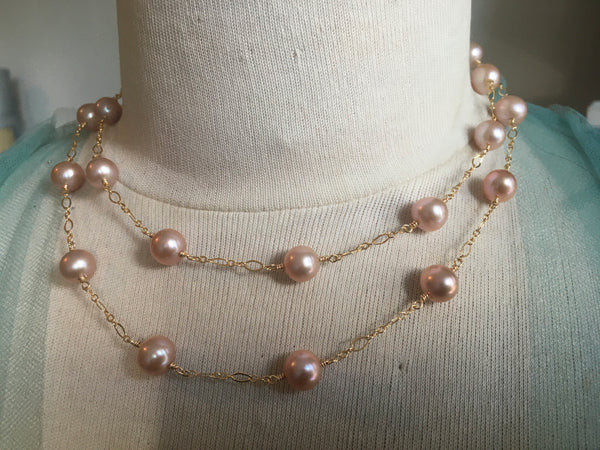 Long Station Pearl Necklace | Converts to Double strand | AAA 8mm Natural Pink Freshwater Cultured | Tin Cup Style Necklace Pearls on Chain Jewelry,Necklace,Choker Bourdage Pearl Jewelry    sherri bourdage