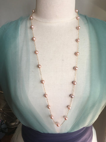 Long Station Pearl Necklace | Converts to Double strand | AAA 8mm Natural Pink Freshwater Cultured | Tin Cup Style Necklace Pearls on Chain Jewelry,Necklace,Choker Bourdage Pearl Jewelry    sherri bourdage