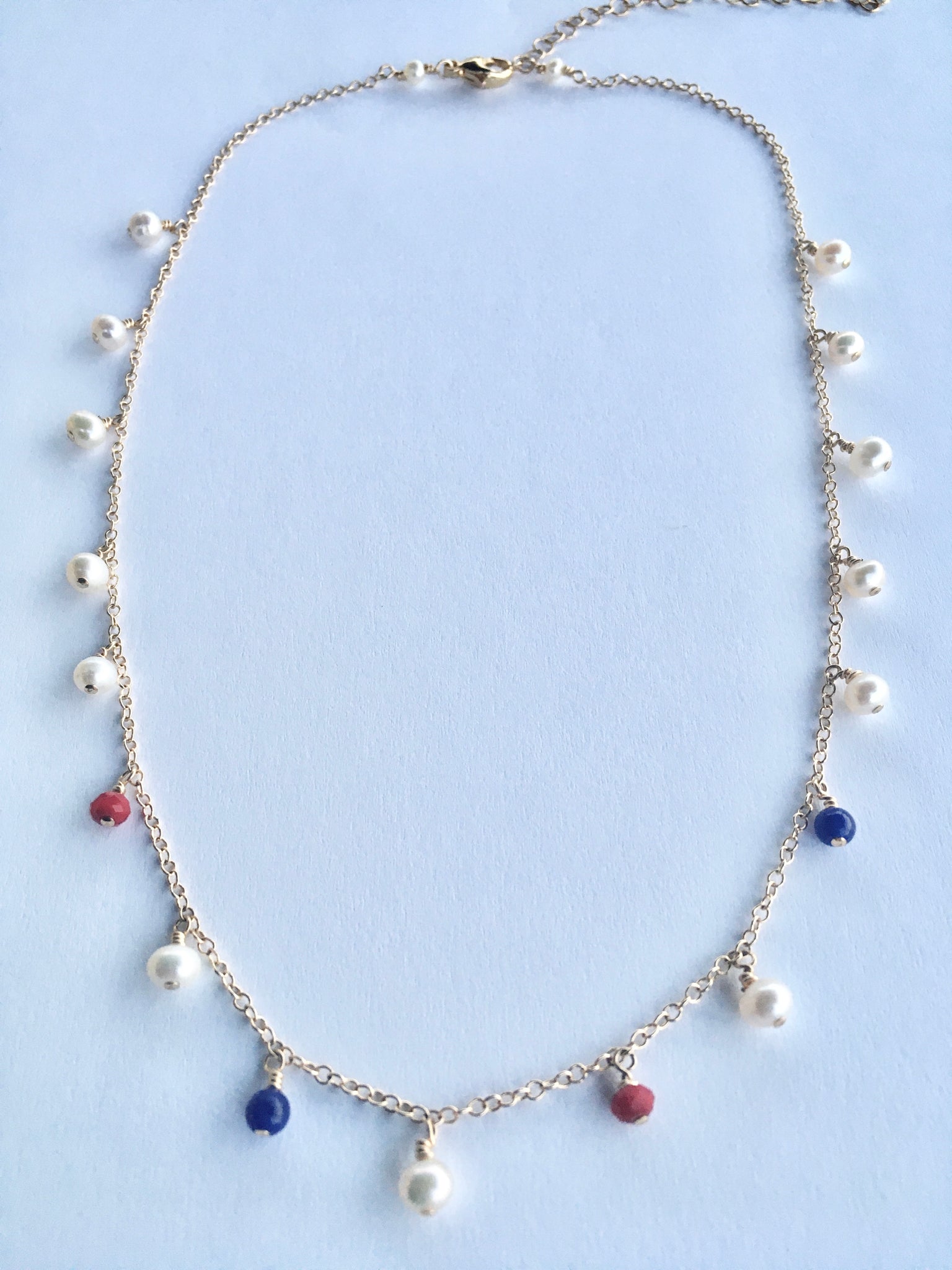 Red White & Blue Pearl Station Necklace | AAA 6mm White Semi-Round Freshwater Cultured Pearls Jewelry,Necklace,Choker Bourdage Pearl Jewelry    sherri bourdage