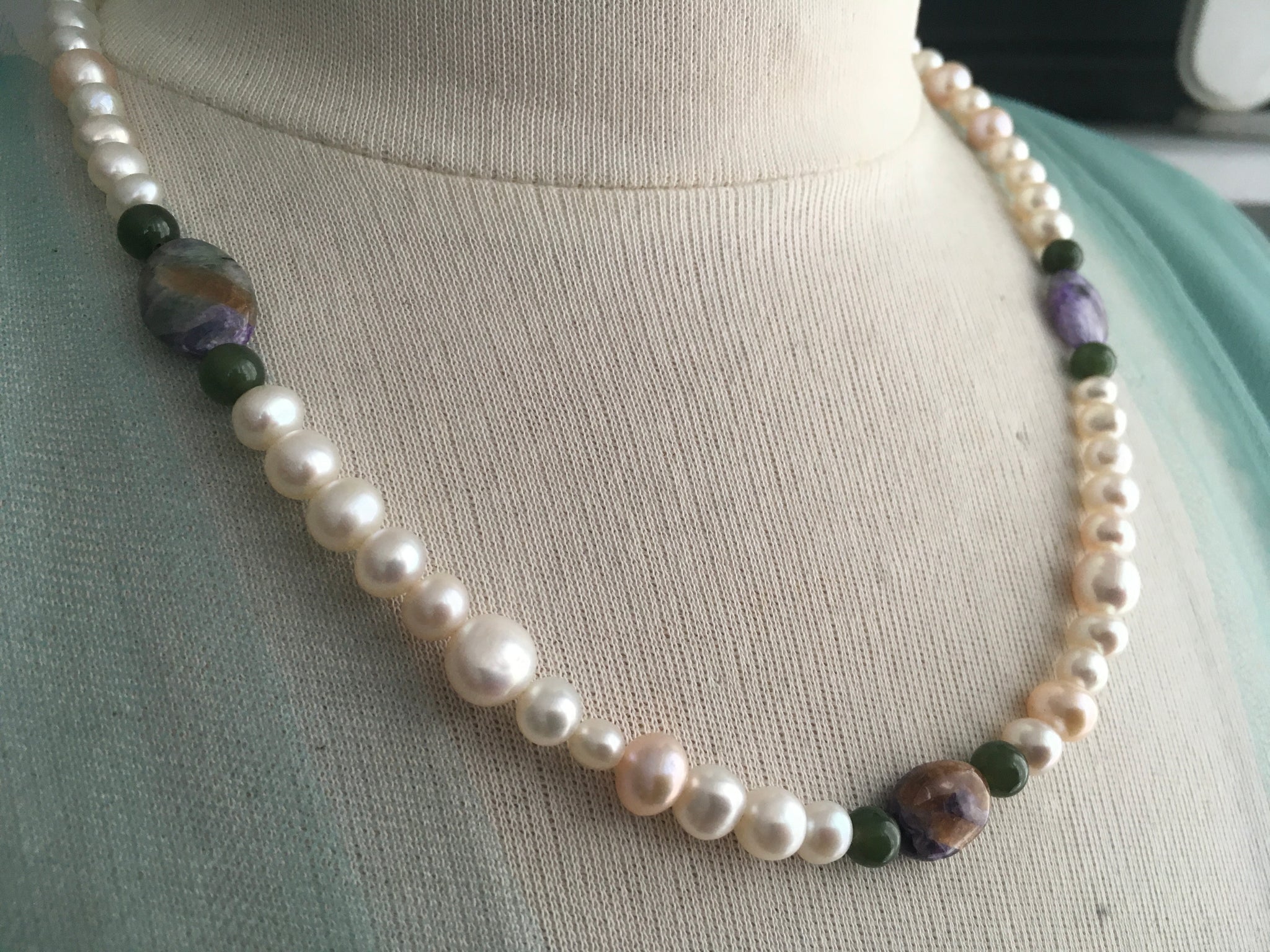 Single Strand Real Pearl Necklace for Man or Woman | Freshwater Cultured with Jade and Russian Opal | Sterling Silver Toggle Pendant  Bourdage Pearls    sherri bourdage