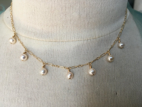 Lucky 7 Dangling Pearl Station Necklace | White Semi-Round Freshwater Cultured Pearls Jewelry, Necklace, Choker Bourdage Pearl Jewelry    sherri bourdage