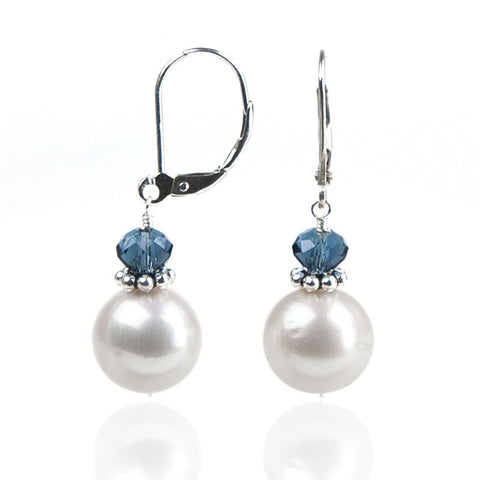 Dangle Real Freshwater Pearl Earrings | Blue Austrian Crystal | Sterling Silver Leverback | Bridesmaid Earring Jewelry,Earrings Bourdage Pearl Jewelry    sherri bourdage