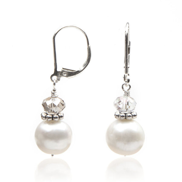Dangle Pearl & Swarovski Crystal Earrings | AAA 8mm Natural White Semi Round Genuine Freshwater Cultured Pearls Jewelry,Earrings Bourdage Pearl Jewelry    sherri bourdage