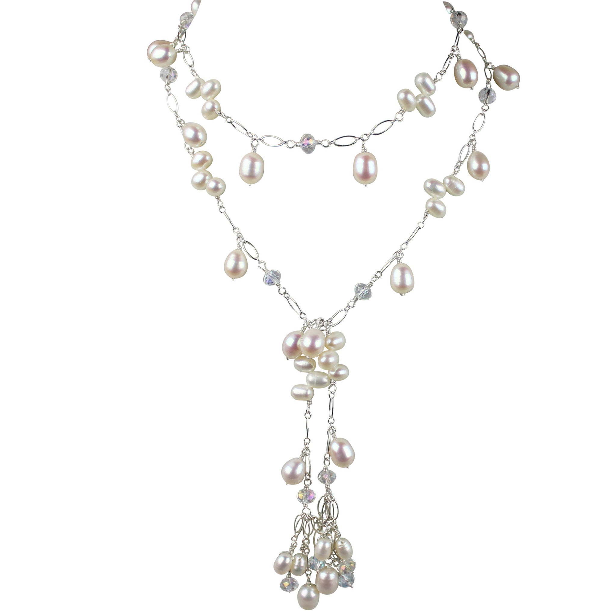Pearl & Austrian Crystal Lariat Necklace | AAA 7-8.5mm  Rice & Dancing Freshwater Cultured Jewelry,Necklace,Lariat Bourdage Pearl Jewelry    sherri bourdage