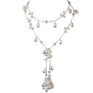 Pearl & Austrian Crystal Lariat Necklace | AAA 7-8.5mm  Rice & Dancing Freshwater Cultured Jewelry,Necklace,Lariat Bourdage Pearl Jewelry    sherri bourdage