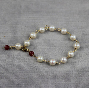 Pearl & Ruby Tin Cup Bracelet | AA 7mm Natural White Semi-Round Freshwater Cultured Jewelry,Bracelet Bourdage Pearl Jewelry    sherri bourdage
