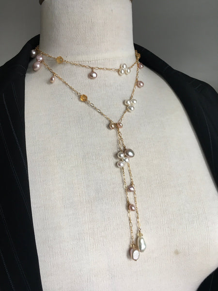 White and Pink Pearl Lariat Necklace with Citrine | Top Drilled & Baroque Freshwater Cultured Jewelry,Necklace,Lariat Bourdage Pearl Jewelry    sherri bourdage