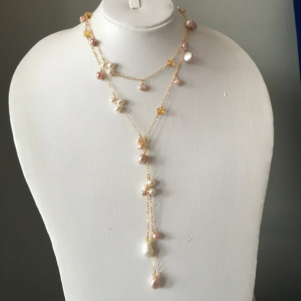 White and Pink Pearl Lariat Necklace with Citrine | Top Drilled & Baroque Freshwater Cultured Jewelry,Necklace,Lariat Bourdage Pearl Jewelry    sherri bourdage