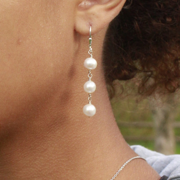 Triple Dangle Pearl Earring | Genuine Cultured Freshwater Pearl | Sterling Silver or 14K Gold Fill Leverback Jewelry,Earrings Bourdage Pearl Jewelry    sherri bourdage