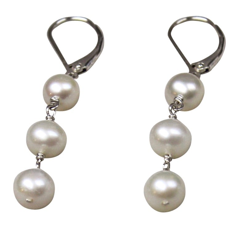 Triple Dangle Pearl Earring | Genuine Cultured Freshwater Pearl | Sterling Silver or 14K Gold Fill Leverback Jewelry,Earrings Bourdage Pearl Jewelry    sherri bourdage